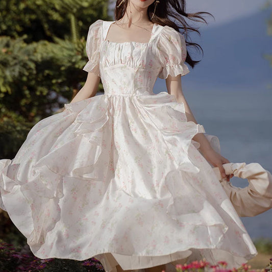 French Style Retro Princess Floral Chiffon Dress