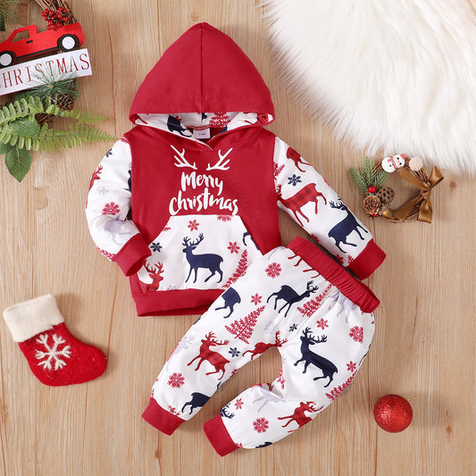 Baby Clothes Printed Pullover Hoodie Trousers Two-piece Set