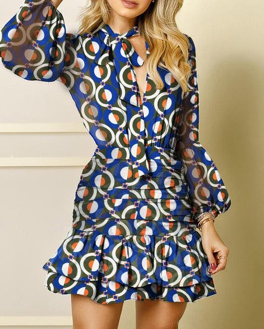 Autumn European And American Sexy Backless Long-Sleeved New Round Neck Leaking Chest Bag Hip Print Mid-Length Dress