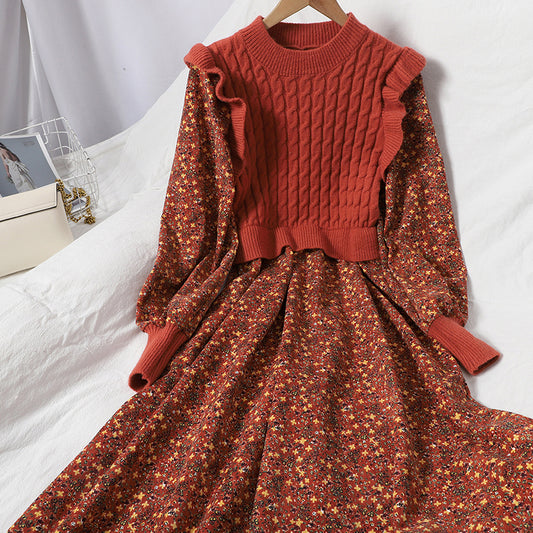 Spliced Knitted Wood Ear Hemp Pattern Pullover Dress Looks Thinner and Ages Sweet Corduroy Floral Skirt