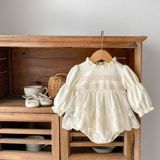 Autumn Infant Baby Girl Waffle Lace Small Skirt Long-sleeve Jumpsuit