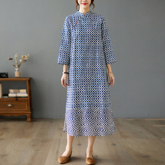 Autumn New Vintage Ramie Celadon Printed Long Sleeve Stand Collar Dress
