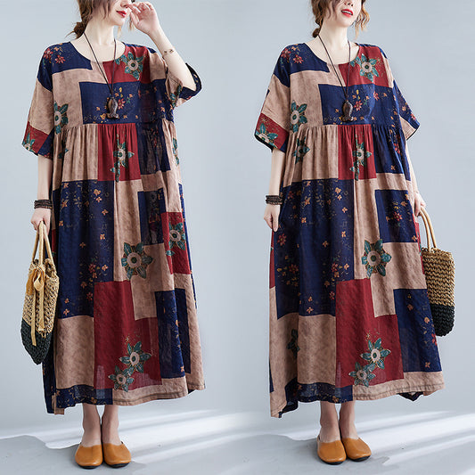 Women's New Retro Literary Loose And Thin Printed Long Dress