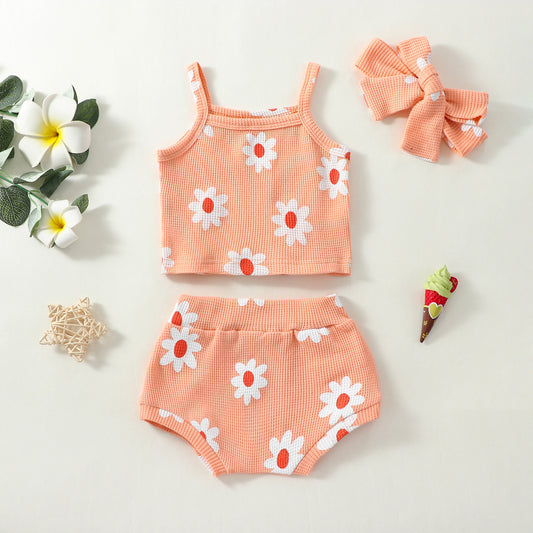 Casual Clothes Suspender Flower Top Shorts Headscarf Three-piece Set