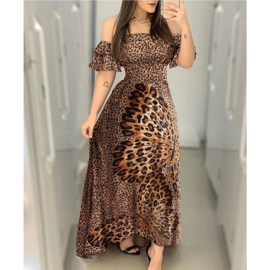 Butterfly Print Dress With Leopard Print Shoulder
