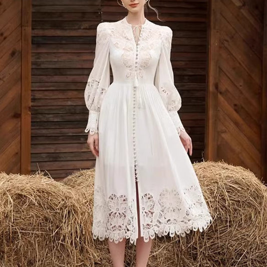 White Lace Flower Embroidery Hollow-out Lantern Long Sleeve Lace-up Single-breasted Dress