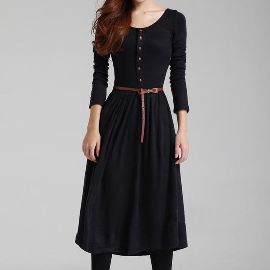 Button Retro Literary Style Knit Bottoming Dress
