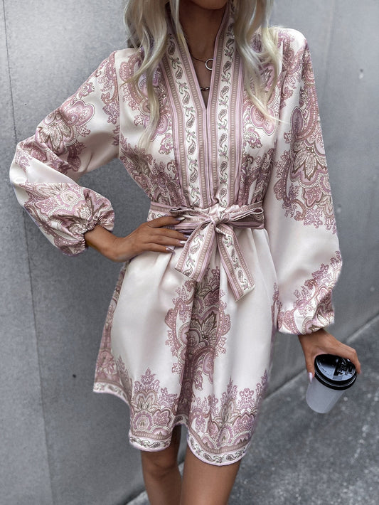 European And American Fashion Casual Lace-up Printed Long-sleeved Dress