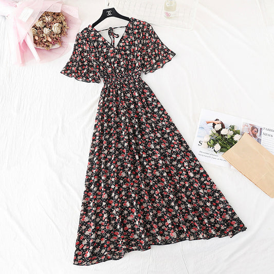Chiffon Dress Female French Platycodon Floral Long Skirt Waist Was Thinner