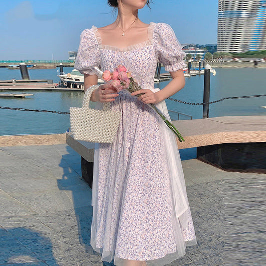 Summer Bow Tie Romantic Mesh Puff Sleeve Floral Dress