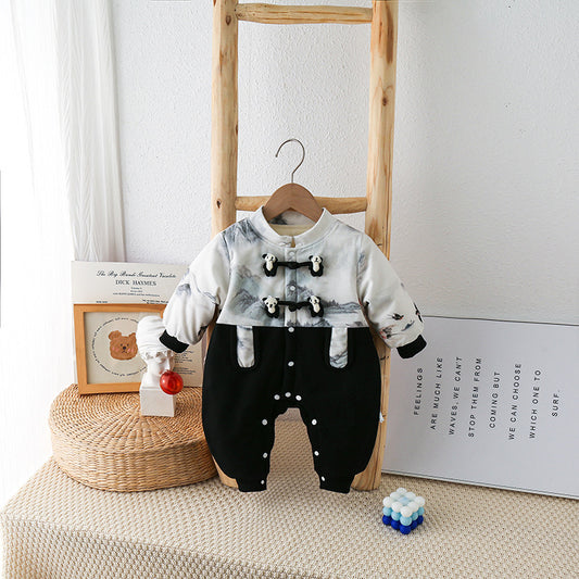 Baby Autumn National Style Cartoon Jumpsuit With Plush Climbing Suit