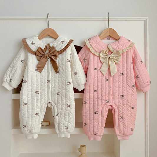 Baby And Infant Winter Clothes Quilted Jumpsuit Baby Girl Cute Super Cute Romper Newborn Korean Style Bow Romper