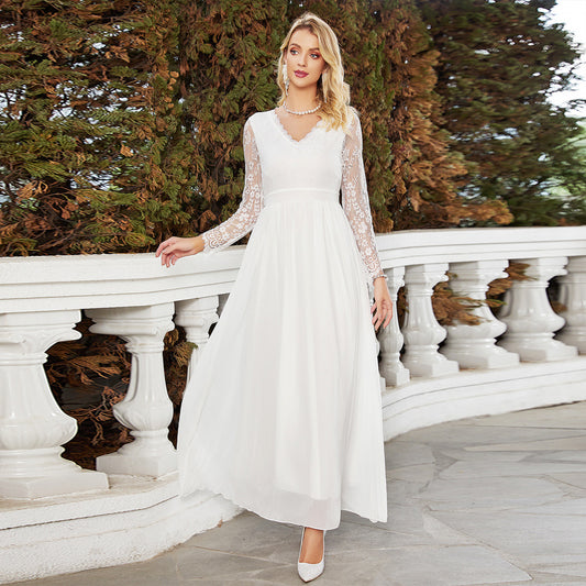 Slim White Wedding Lace V-neck Fashion Dress