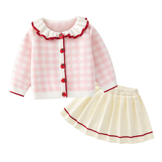 Autumn New 1-3 Years Old Baby Girl  Plaid Cotton Knitted Cardigan Beige Skirt Suit