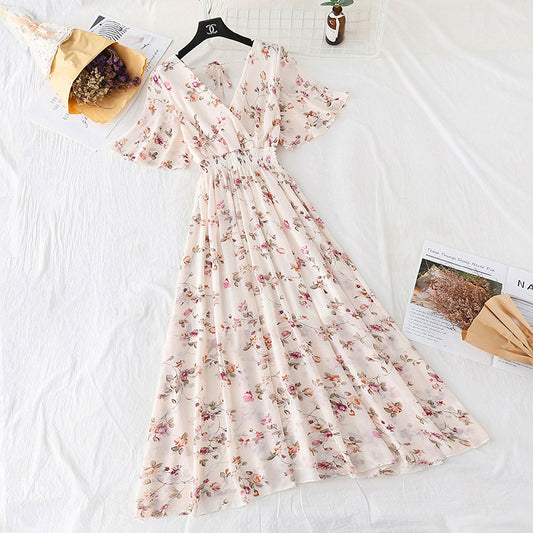 Chiffon Dress Female French Platycodon Floral Long Skirt Waist Was Thinner