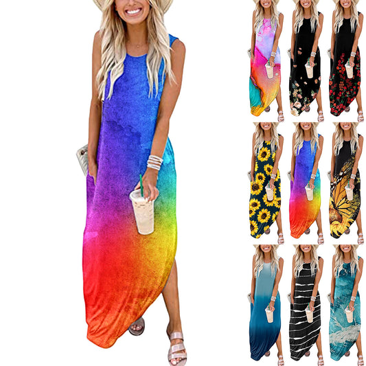 Color Cotton Digital Printing Casual Loose Round Neck Tank Top Dress